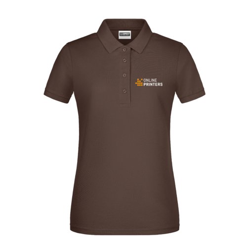 Brown cotton polo shirt for women with a short button placket.
