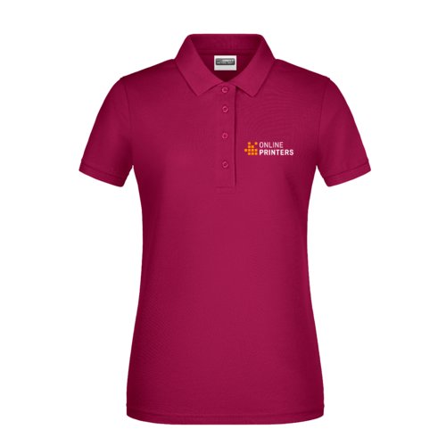 Burgundy cotton women's polo shirt with short button placket.