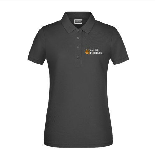 Black cotton polo shirt for women with a short button placket.