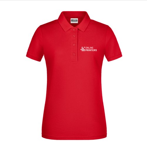Red cotton women's polo shirt with short sleeves.