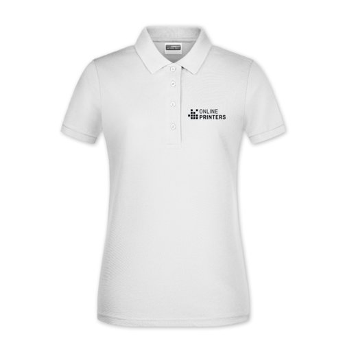 White cotton polo shirt in women's cut with button placket.