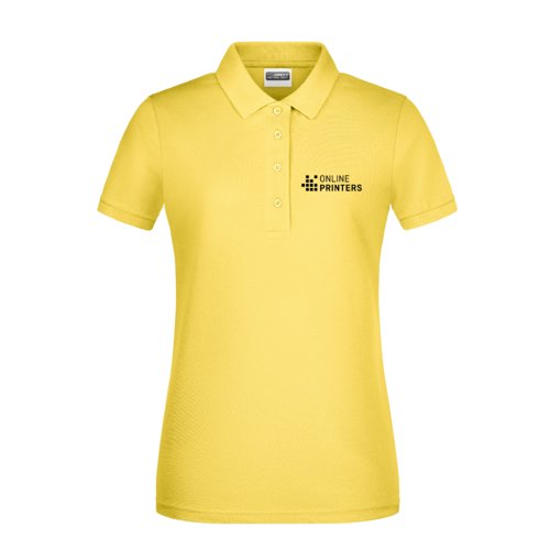 Yellow cotton polo shirt for women with a short button placket.