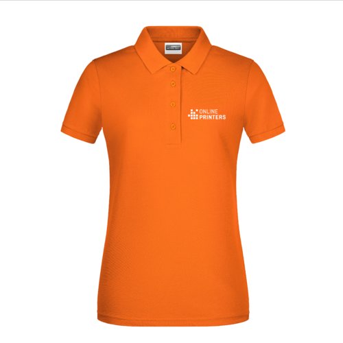 Orange women's cotton polo shirt with a short button placket.