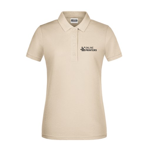 Beige cotton polo shirt for women with short button placket.