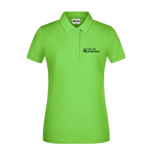 Apple green cotton polo shirt for women with short button placket.