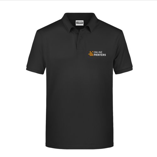 Black cotton polo shirt for men with short button placket.