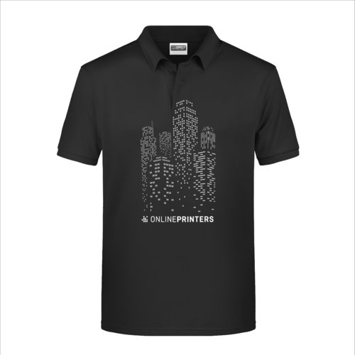 Black cotton polo shirt with short sleeves and button placket.