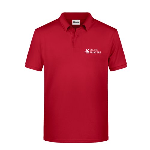 Red cotton polo shirt for men with short button placket.