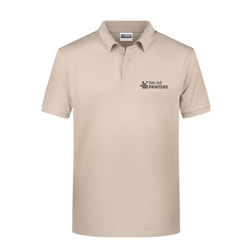 Beige cotton polo shirt for men with short sleeves.