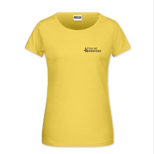 Yellow cotton T-shirt for women with short sleeves and round neck.