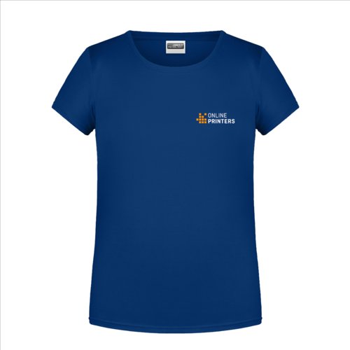 Dark blue cotton T-shirt for girls with short sleeves.