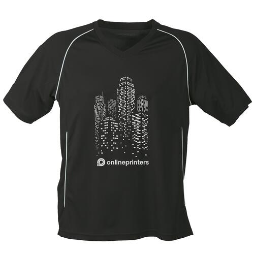 Black and white polyester t-shirt with V-neck and short sleeves.
