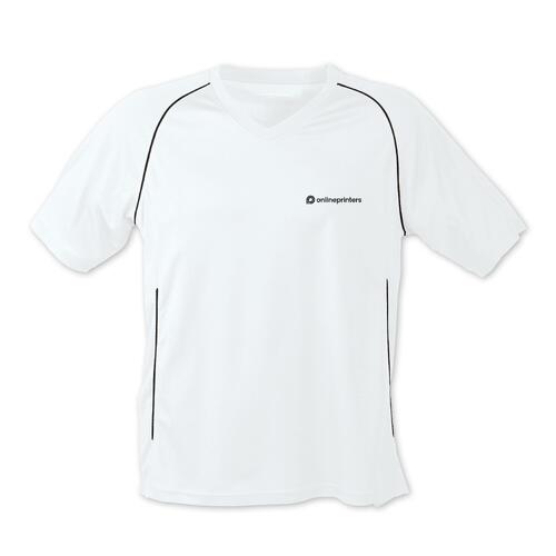 White and black polyester t-shirt with short sleeves.