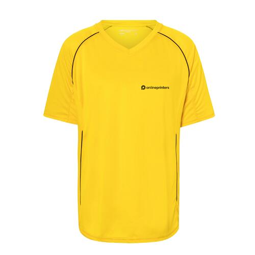 Yellow polyester T-shirt with V-neck and short sleeves.