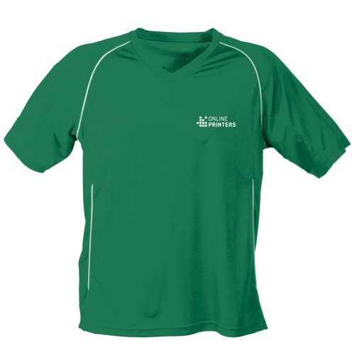 Green sports T-shirt made of functional material with V-neck.