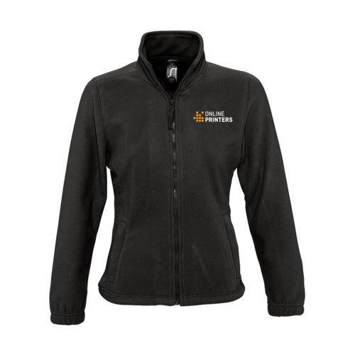 Black polyester fleece jacket with a full zipper.