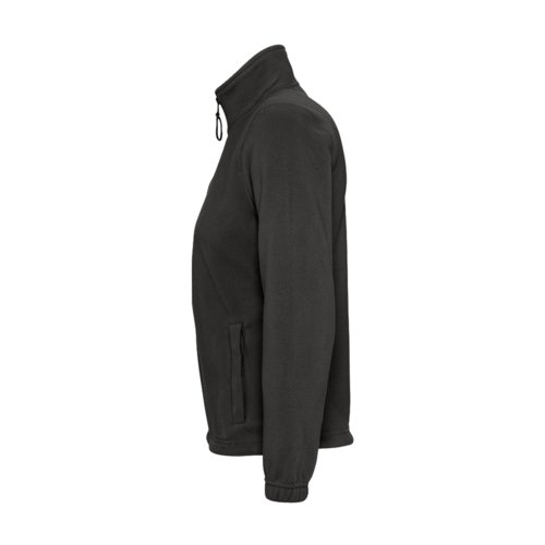 Black polyester fleece jacket with full zipper and side pockets for women.