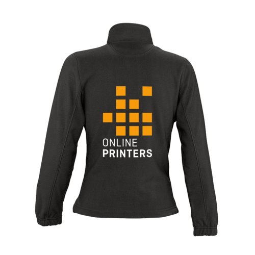 Black polyester fleece jacket for women with a full zipper.