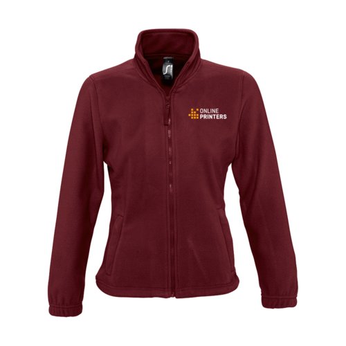 Burgundy women's polyester fleece jacket with full zipper and pockets.