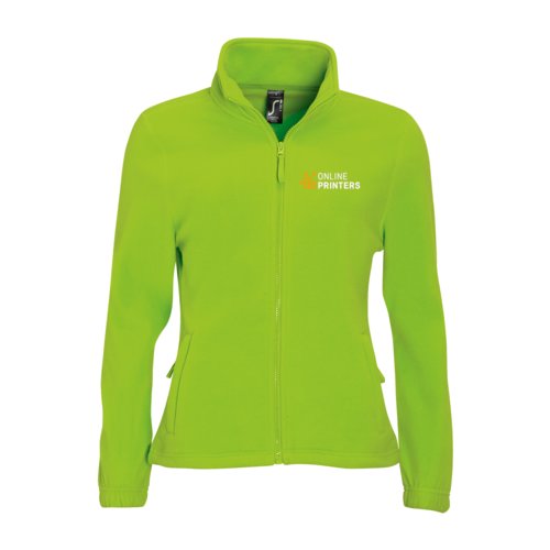 Apple green polyester fleece jacket with full zipper and side pockets.
