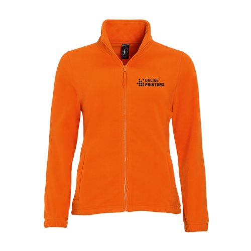 Orange polyester fleece jacket for women with full zipper.