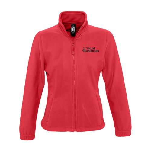 Red polyester fleece jacket for women with a full zipper.