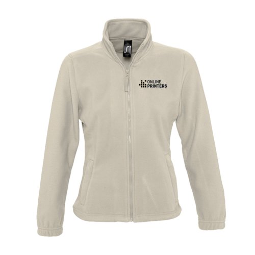 Beige polyester fleece jacket with full zipper for women.