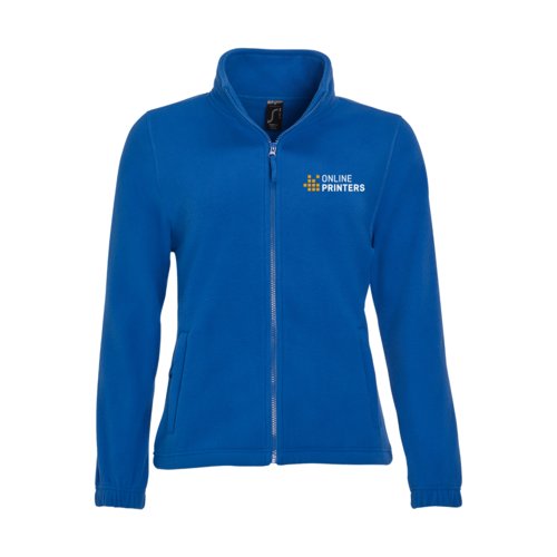 Royal blue polyester fleece jacket for women with full zipper.