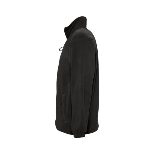 Black polyester fleece jacket with zipper and side pockets.