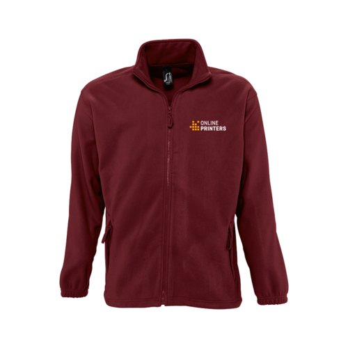 Burgundy polyester fleece jacket with a full zipper.