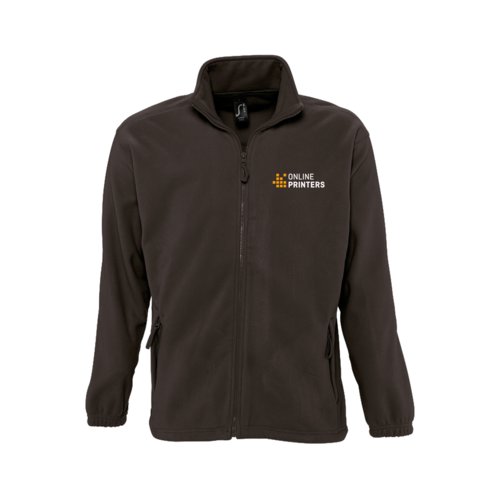 Dark brown polyester fleece jacket with full zipper and side pockets.