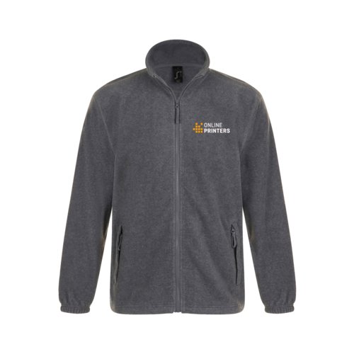 Gray polyester fleece jacket with full zipper and side pockets.