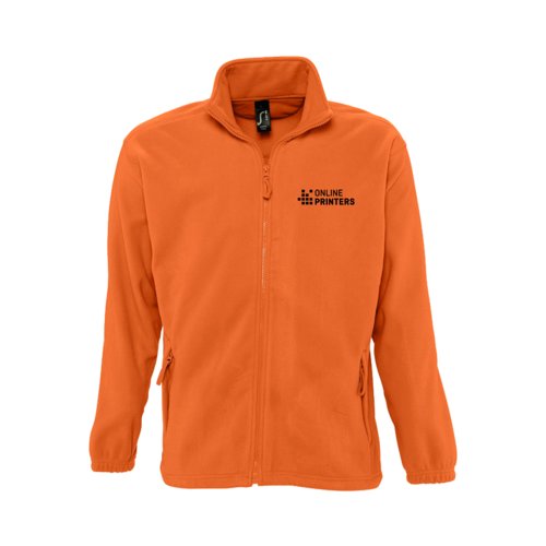 Orange polyester fleece jacket with full zipper.