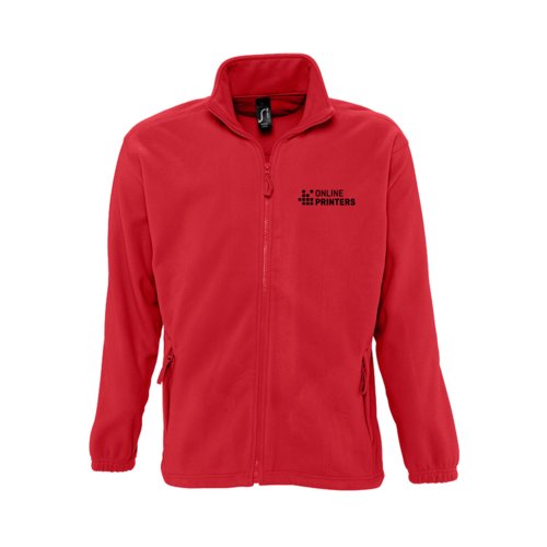 Red polyester fleece jacket with full zip.
