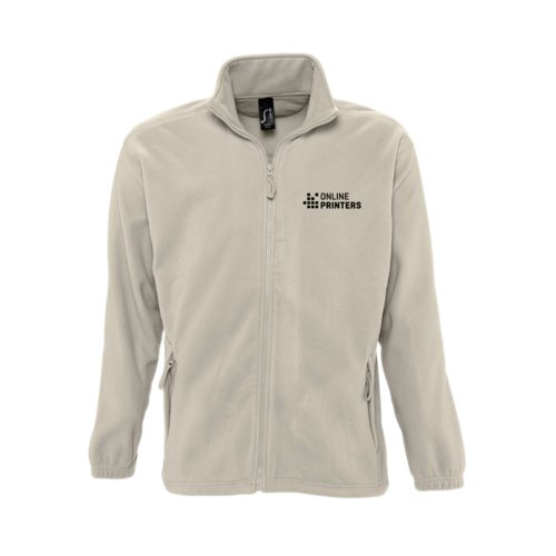 Beige polyester fleece jacket with full zipper.