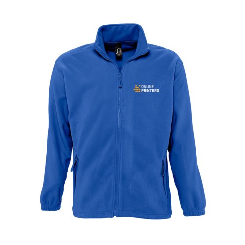 Royal blue polyester fleece jacket with a full zipper.