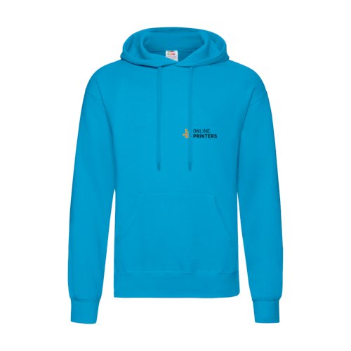 Azure cotton-polyester hoodie for men with hood and kangaroo pocket.