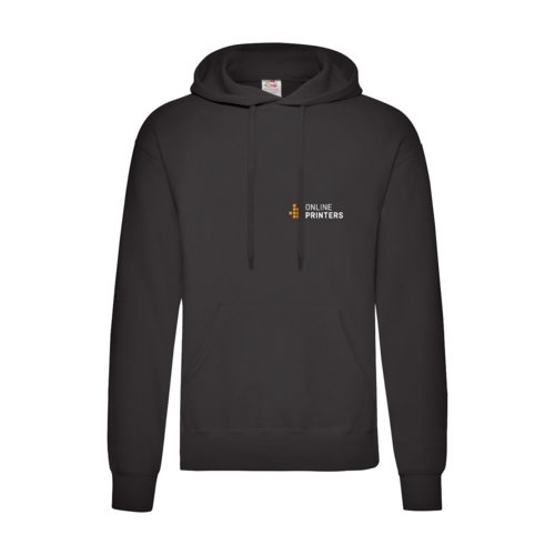 Black cotton blend hoodie with hood and kangaroo pocket.