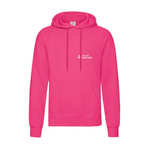 Fuchsia men's hoodie made of cotton blend with hood and drawstring.