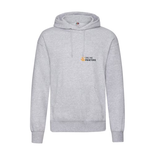 Heather gray cotton-polyester men's hoodie with hood.