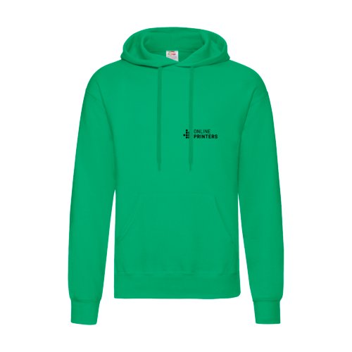 Green fabric hoodie with hood and kangaroo pocket.