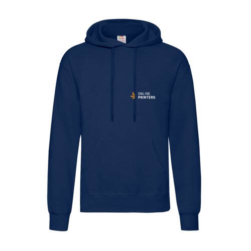 Navy blue cotton-polyester men's hoodie with hood and drawstring.