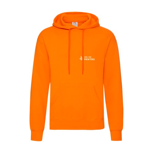 Orange cotton blend hoodie with hood and kangaroo pocket.