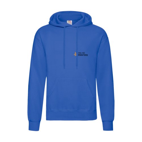 Royal blue cotton blend hoodie with hood and kangaroo pocket.