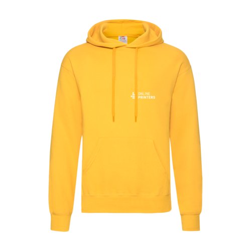 Yellow cotton-polyester men's hoodie with hood and kangaroo pocket.