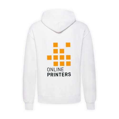 White cotton-polyester blend men's hoodie with hood.
