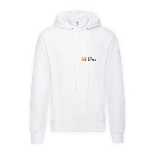 White cotton-polyester men's hoodie with hood and kangaroo pocket.