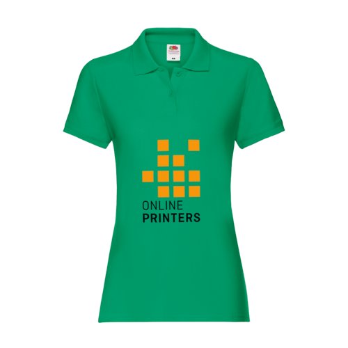 Green cotton polo shirt with short sleeves and button placket.
