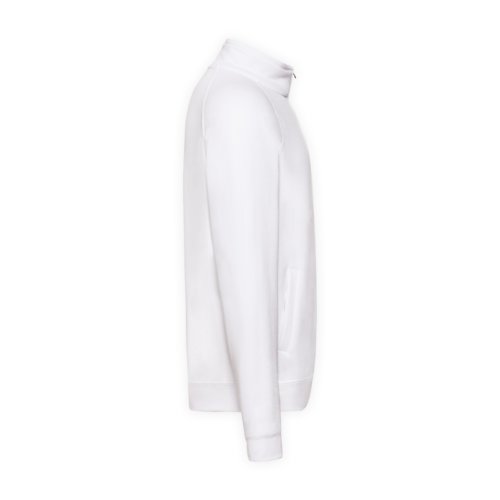 White cotton-blend sweatshirt jacket with zipper.