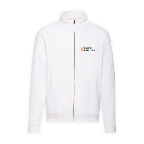 White cotton-blend sweat jacket with full zipper.
